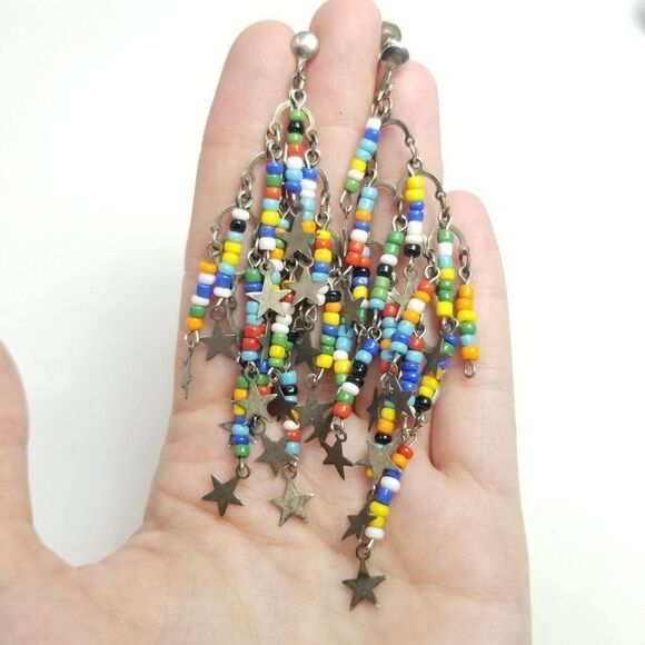 Vintage Colroful Beaded Fringe Dangle Clip On Earrings with Star Charms, Funky - Picture 1 of 5